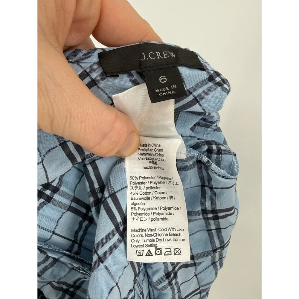 J.Crew V-Back Puff Sleeve Textured Plaid Top  | Light Blue / Navy | Size 6